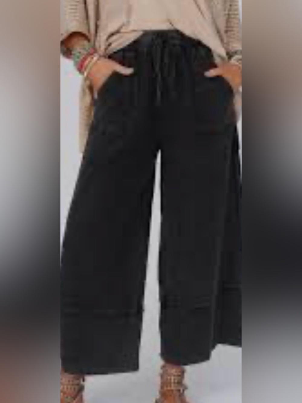 Wide-Leg Cropped Drawstring Pants — Black